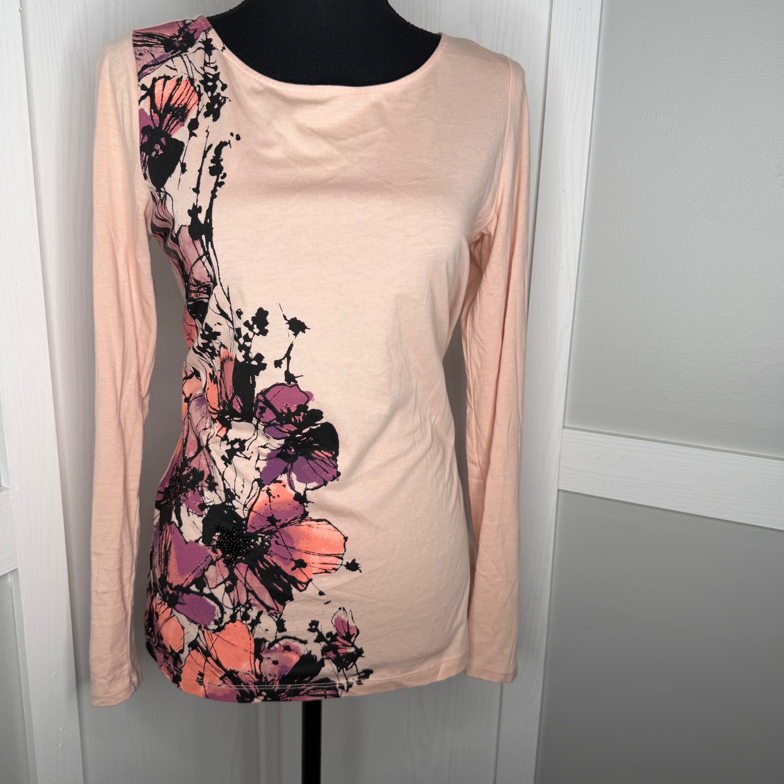 Apt 9 Floral Long Sleeve Top Women Small Pink Sequin Pima Cotton Modal Tee